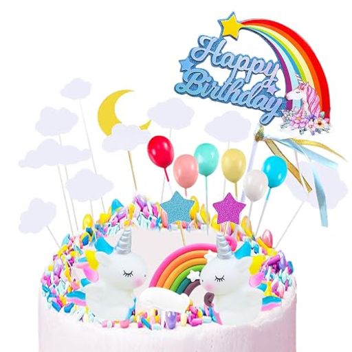 KINGSIE ケーキトッパー ユニコーン 豪華 ケーキ デコレーション レインボー 虹 風船 可愛い ケーキ挿入カード 誕生日/パーティー ケーキ