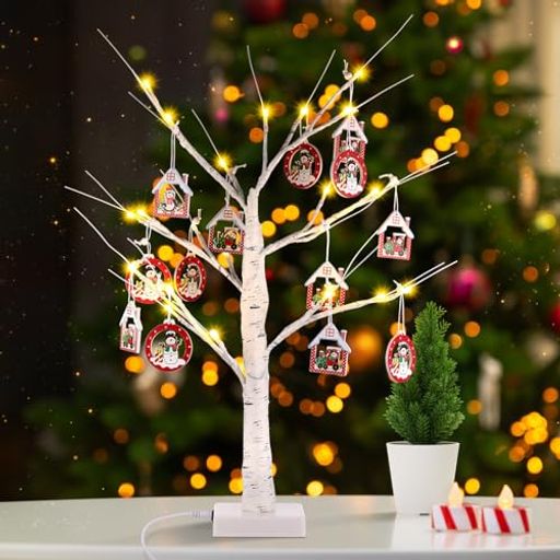 LECONE クリスマスツリー ライト 飾り12個のクリスマス・チャーム付き 24LED ツリーライト 卓上 白樺 クリスマスツリー 白 USB/乾電池給