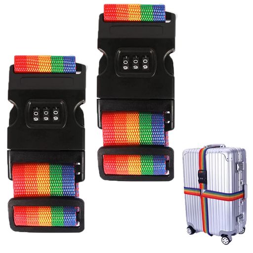 2本 スーツケースベルト 3桁ダイヤル式 ロック付き 虹色 目立つカラー 荷物固定 調節可能 荷崩れ防 荷物梱包バンド 旅行 出張 盗難防止