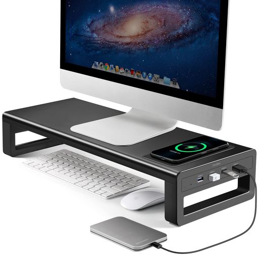 VAYDEER モニター台 USB 3.0 ディスプレイ スタンド ワイヤレス充電機能 パソコン 机上台 卓上 高速データ転送 キーボード収納 プリンタ