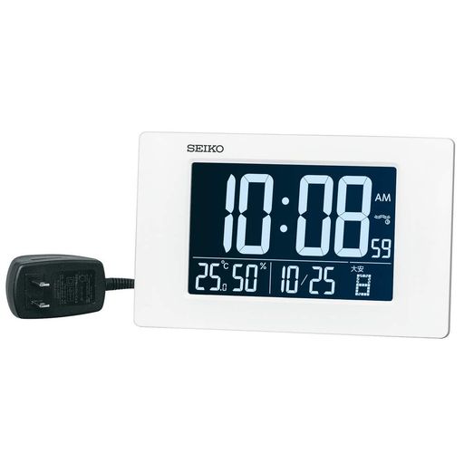 セイコークロック 置き時計 目覚まし時計 電波 デジタル 交流式 3モード表示切替 温度湿度表示 白 本体サイズ:12×19.5×2.4CM DL214W