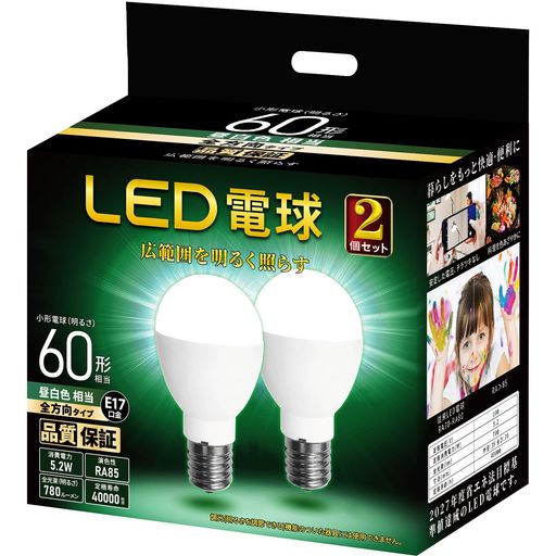 ミニクリプトン型 LED電球 E17口金 電球60形相当 昼白色相当 広配光タイプ 断熱材施工器具 密閉形器具対応 (昼白色 2個入り)