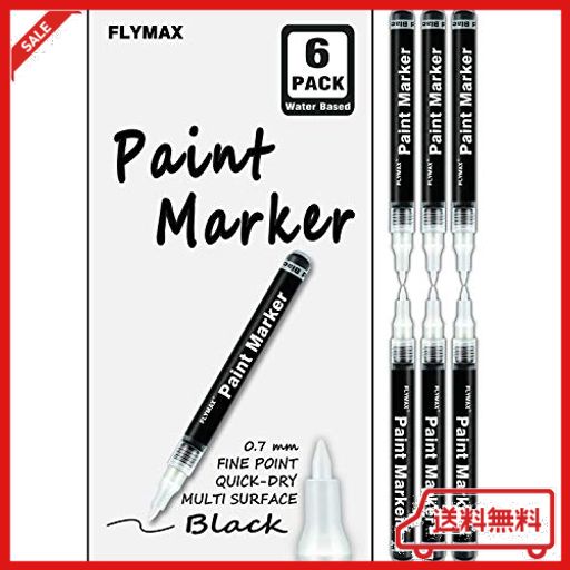 FLYMAX ブラックアクリルペイントペン 6本パック 0.7MM アクリルブラック 油性マーカー ブラックペイントペン ガラスセラミックロックレ