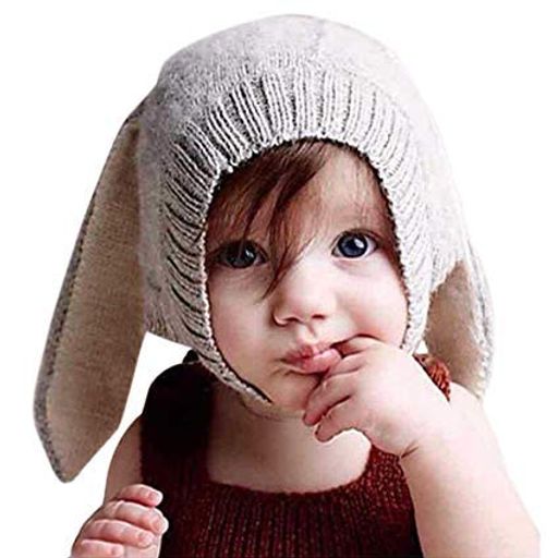 ONEHORSE うさぎ耳 ベビー ニット 帽子 グレー 頭保護 赤ちゃん キッズ 暖かい 防風防寒