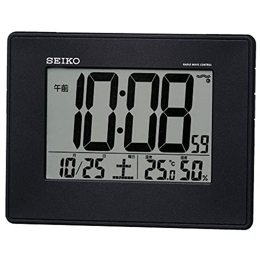 セイコー クロック 目覚まし時計 電波 デジタル 掛置兼用 カレンダー 温度 湿度 表示 大型画面 黒 メタリック SQ770K SEIKO