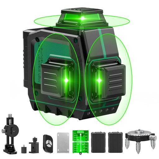 ELIKLIV レーザー墨出し器 3X360° グリーンレーザー 水準器ツール 回転レーザー線 12ライン 緑色 小型 コンパクト 自動補正 高輝度 高出