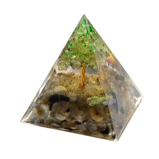 [GOLD STONE] オルゴナイト ピラミッド 招財樹 天然石 幅 約5CM 置物 パワーストーン 浄化 ラブラドライト ペリドット 幅 約5CM