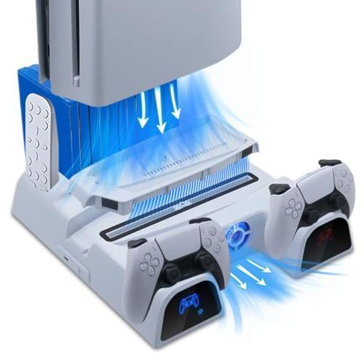 MCBAZEL PS5/PS5 SLIM対応 PS5新型 縦置きスタンド 冷却ファン付き クールなデザインと多機能収納 2台コントローラーの充電対応 ゲームソ