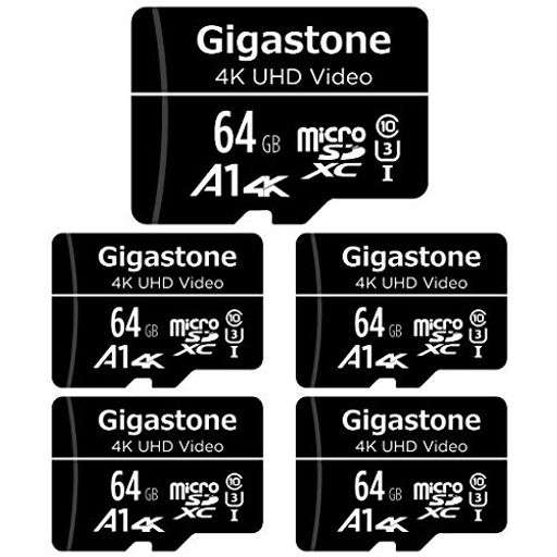 GIGASTONE マイクロSDカード 64GB 5個セット, SDアダプタ付き, 4K UHD ビデオ 撮影, 90MB/S MICROSD 64GB, MICROSDXC UHS-I A1 U3 C10