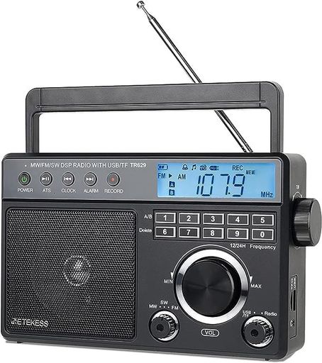 RETEKESS TR629ラジオ ポータブルラジオ 携帯デジタルラジオ AM FM MWラジオ バックライト LCD ディスプレイ 目覚まし時計 録音 USB/TFカ