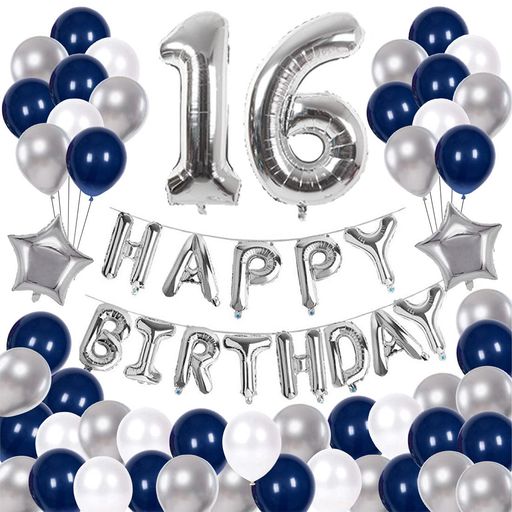 68枚 16歳 誕生日 飾り付け セット 数字バルーン 組み合わせ 「HAPPY BIRTHDAY」バナー ブルー シルバー 風船 誕生日 デコレーション 男