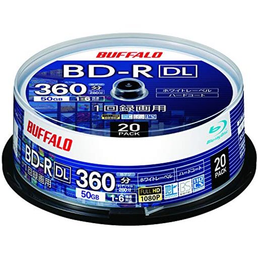 バッファロー ブルーレイディスク bd-r dl 1回録画用 50gb 20枚 スピンドル 片面2層 1-6倍速 ホワイトレーベル ro-br50v-020pw/n