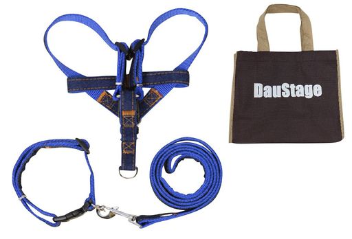 (DAUSTAGE) デニム 素材 ハーネス リード 首輪 セット 選べる 5色 4サイズ 小型 中型 大型 犬用 トートバッグ付き (M, 青)