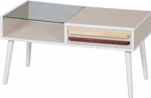 不二貿易 ローテーブル ガラステーブル 幅80×奥行き43×高さ42CM ホワイトウォッシュ 収納できる 引き出し付き オスロ 10033