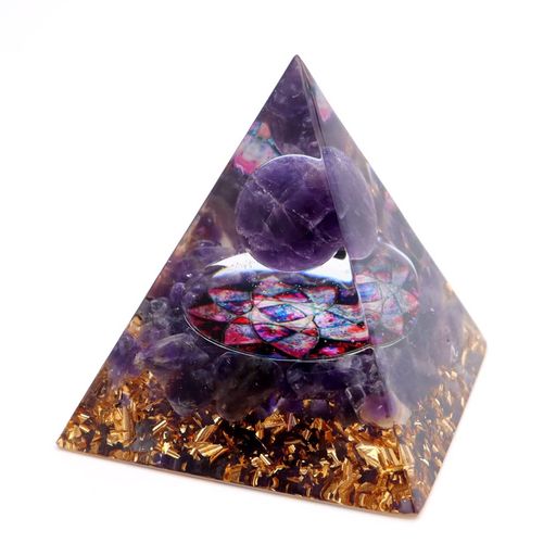 [GOLD STONE] オルゴナイト ピラミッド 天然石 さざれ アメジスト 丸玉 幅 約5CM 置物 パワーストーン