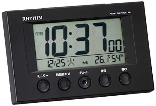 リズム(RHYTHM) 目覚まし時計 電波時計 温度計・湿度計付き フィットウェーブスマート 黒 7.7×12×5.4CM 8RZ166SR02