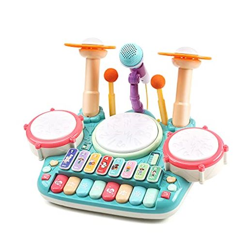 cute stone おもちゃ 5in1楽器玩具 音楽おもちゃ ドラムおもちゃ 4種類ピアノ キーボード 木琴 マイク付き 多機能 音楽 ライト 太鼓 鍵盤