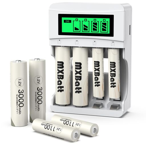 MXBATT 充電池 ニッケル水素電池 単3電池 充電式 LCD急速充電器セット単3形充電池 4本 単4形充電池 4本 充電池 充電器 電池と充電器の組