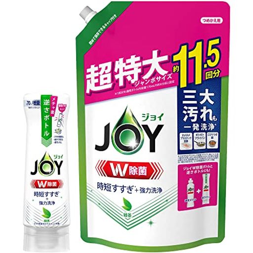 【まとめ買い】 ジョイ W除菌 食器用洗剤 緑茶の香り 逆さボトル 290ML + 詰め替え 超特大ジャンボ 1490ML