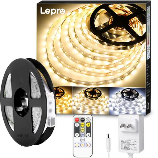 LEPRO テープライト LED 5M 12V 電球色・昼白色・昼光色 明るさ調整 間接照明 リモコン付き 調光調色 イルミネーションライト 3ピン 2835