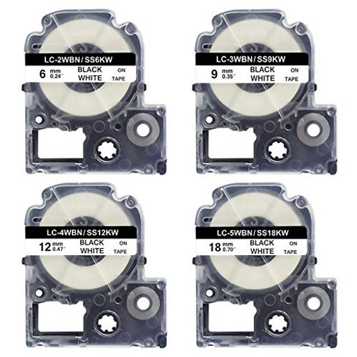 UNOKA 4個セット キングジム テプラ テープ 白 黒文字 6-9-12-18MM カートリッジ SS6-9-12-18K ラベルライター PRO SR170 SR-R680テープ