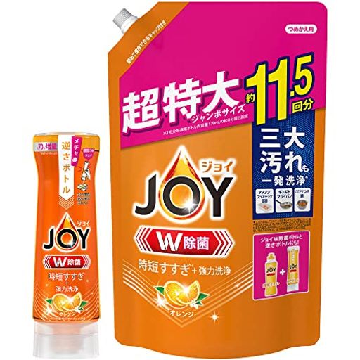 【まとめ買い】 ジョイ W除菌 食器用洗剤 オレンジの香り 逆さボトル 290ML + 詰め替え 超特大ジャンボ 1490ML