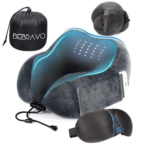 ネックピロー 飛行機 低反発 U型まくら BEBRAVO 旅行用 携帯枕 昼寝 首枕 コンパクト 通気性が良く 軽量 3Dアイマスク 収納袋付き グレー